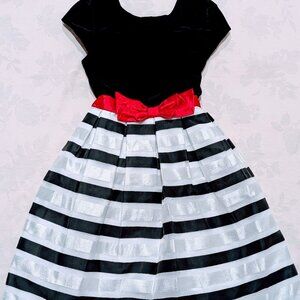 New Jona Michelle Girls Sz 12 Formal Dress Black Velour Stripes Red Bow Glitter